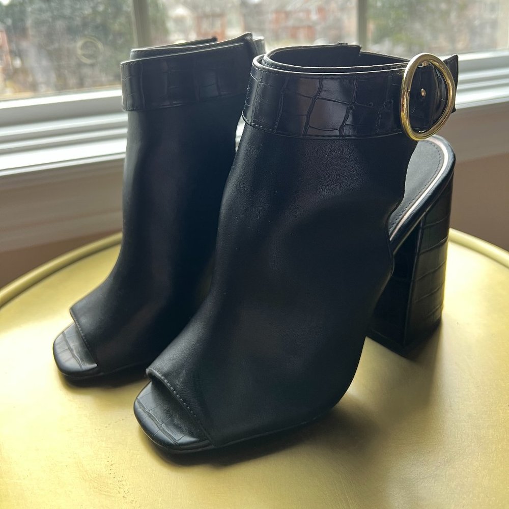 Qupid Black Leather Peep Toe Heels